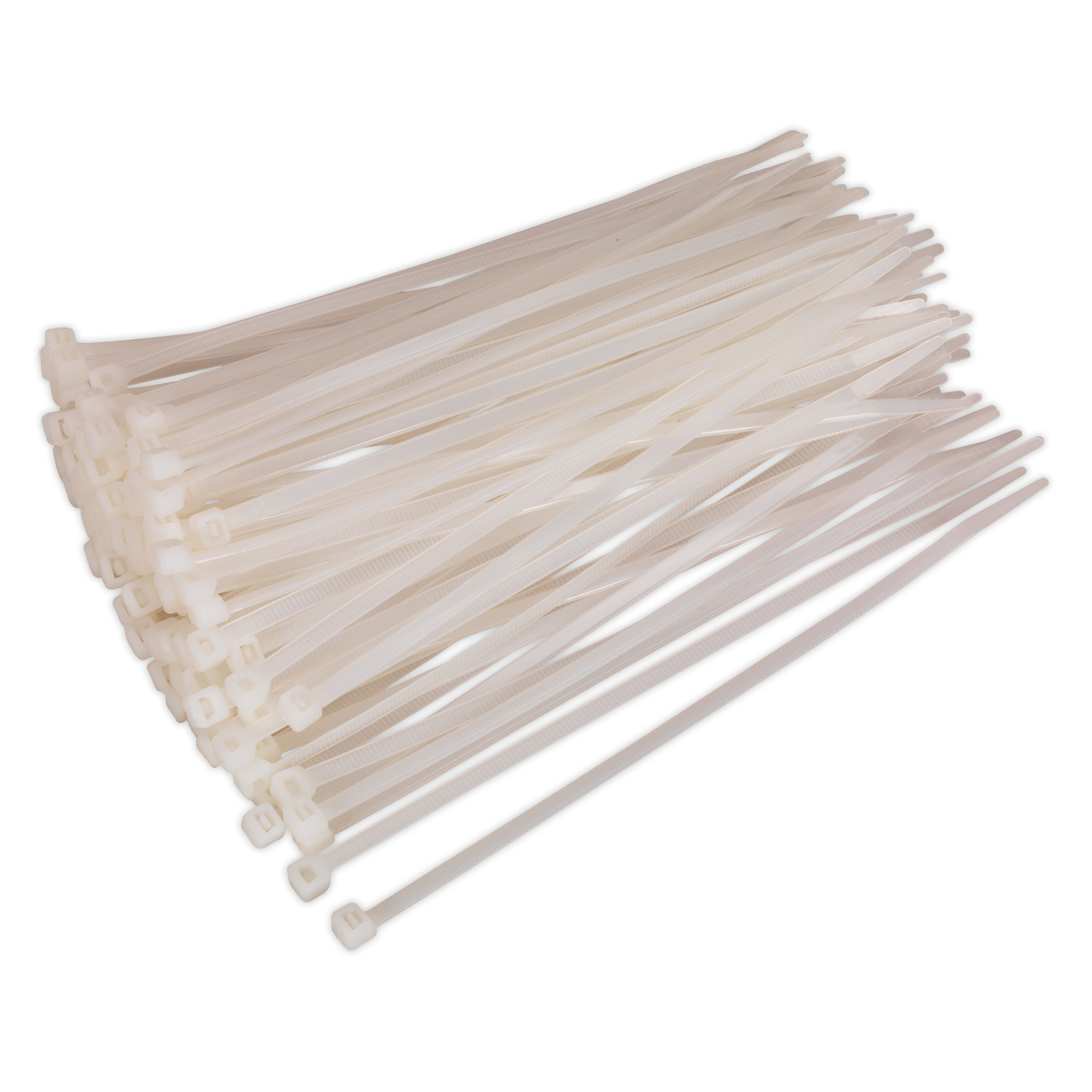 An assortment of Sealey Cable Tie 200 x 4.8mm White Pack of 100 - CT20048P100W, crafted from heat-resistant nylon 66 and neatly aligned at their ends, ideal for a multitude of workshop applications.