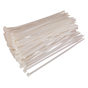 An assortment of Sealey Cable Tie 200 x 4.8mm White Pack of 100 - CT20048P100W, crafted from heat-resistant nylon 66 and neatly aligned at their ends, ideal for a multitude of workshop applications.
