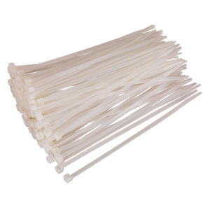 An assortment of Sealey Cable Tie 200 x 4.8mm White Pack of 100 - CT20048P100W, crafted from heat-resistant nylon 66 and neatly aligned at their ends, ideal for a multitude of workshop applications.