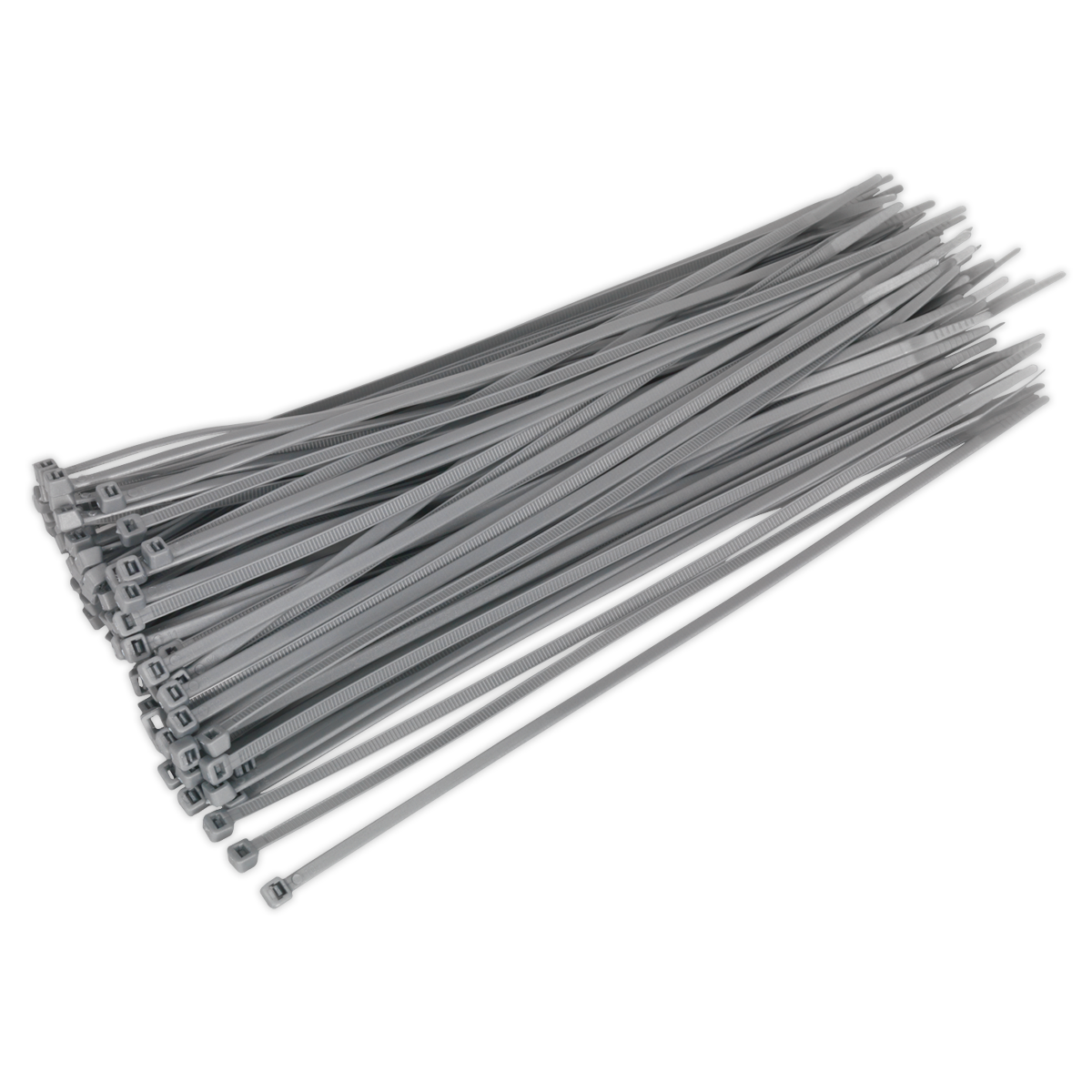 A pack of 100 Sealey Cable Tie 300 x 4.4mm Silver (CT30048P100S), durable and ideal for workshop use, neatly stacked with the locking ends lined up on one side.