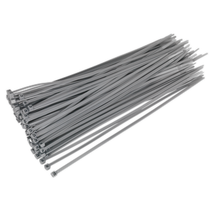 A pack of 100 Sealey Cable Tie 300 x 4.4mm Silver (CT30048P100S), durable and ideal for workshop use, neatly stacked with the locking ends lined up on one side.