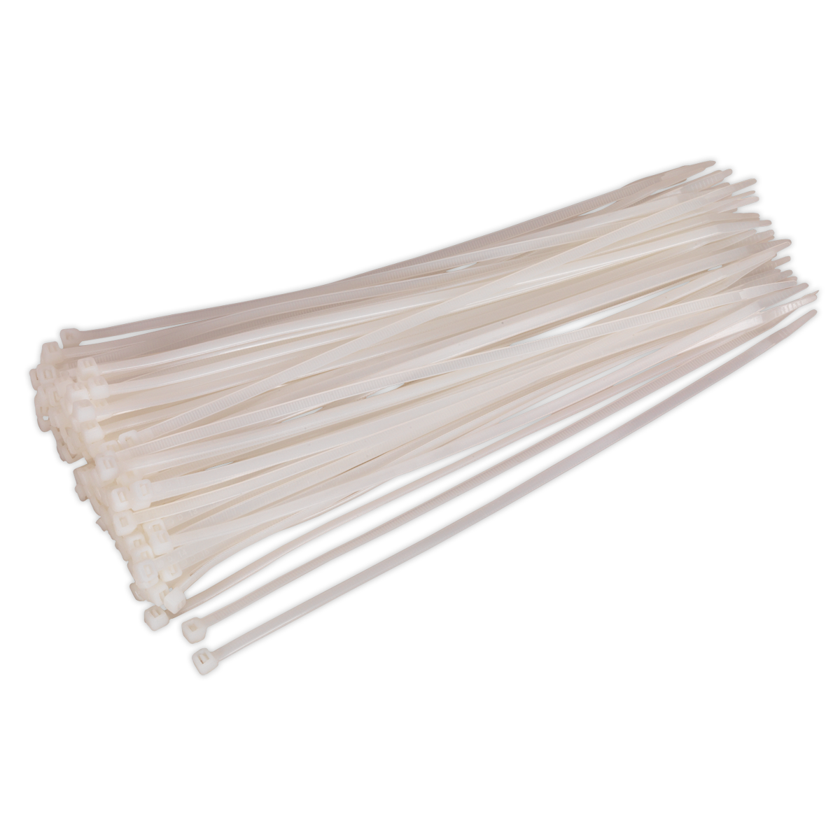 A pile of Sealey Cable Tie 300 x 4.8mm White Pack of 100 (CT30048P100W), made from heat-resistant nylon 66, is ideal for various workshop applications.