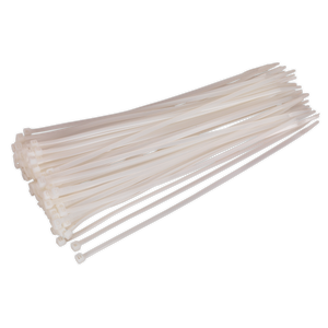 A pile of Sealey Cable Tie 300 x 4.8mm White Pack of 100 (CT30048P100W), made from heat-resistant nylon 66, is ideal for various workshop applications.