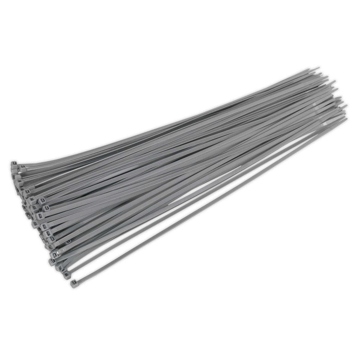 A pack of 100 Sealey Cable Ties (380 x 4.4mm, Silver), crafted from heat-resistant nylon 66, is arranged in a slightly fanned display—perfect for diverse workshop tasks.