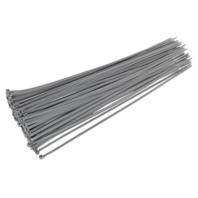 A pack of 100 Sealey Cable Ties (380 x 4.4mm, Silver), crafted from heat-resistant nylon 66, is arranged in a slightly fanned display—perfect for diverse workshop tasks.