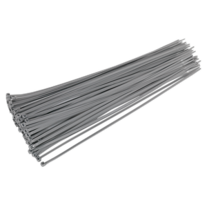 A pack of 100 Sealey Cable Ties (380 x 4.4mm, Silver), crafted from heat-resistant nylon 66, is arranged in a slightly fanned display—perfect for diverse workshop tasks.