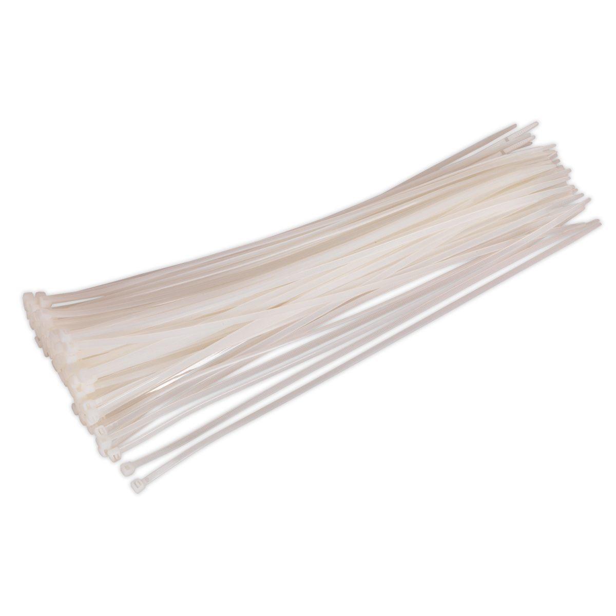 A pack of Sealey Cable Tie 380 x 4.8mm White (Pack of 100 - CT38048P100W) is neatly arranged on a plain background, perfect for various workshop applications.