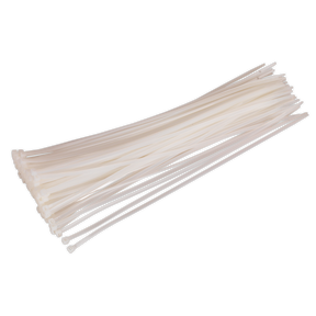 A pack of Sealey Cable Tie 380 x 4.8mm White (Pack of 100 - CT38048P100W) is neatly arranged on a plain background, perfect for various workshop applications.