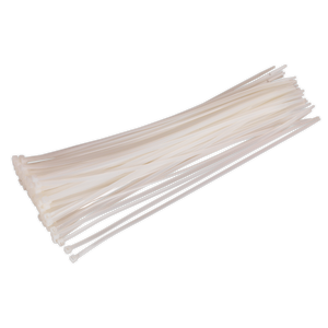 A pack of Sealey Cable Tie 380 x 4.8mm White (Pack of 100 - CT38048P100W) is neatly arranged on a plain background, perfect for various workshop applications.