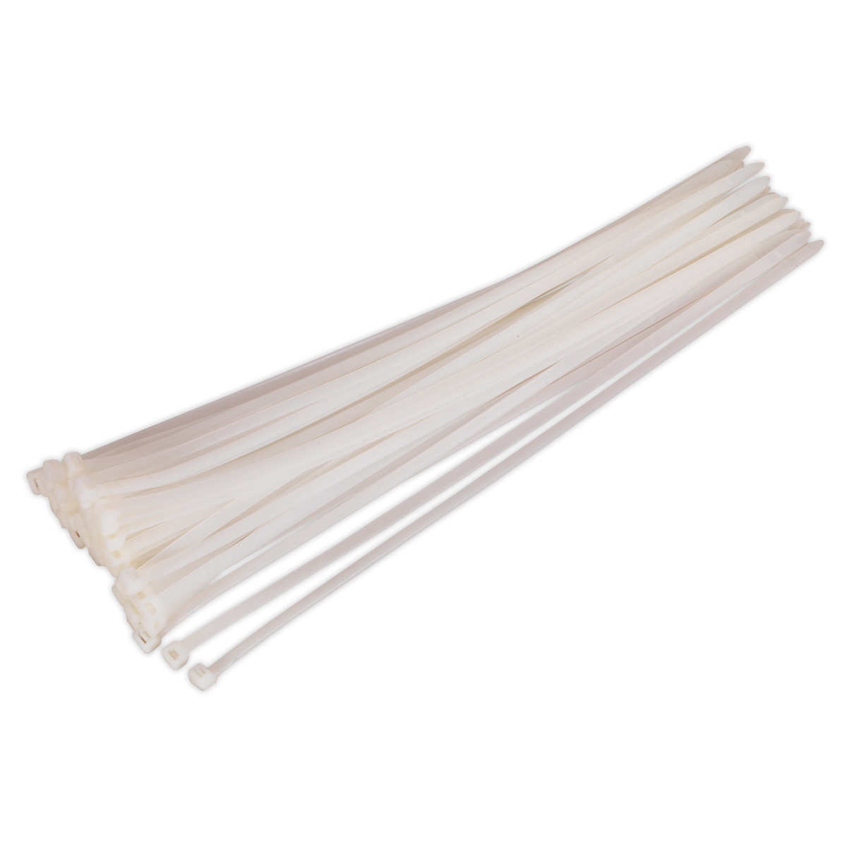 A pack of Sealey Cable Tie 450 x 7.6mm White (CT45076P50W) is arranged in a neat stack against a plain background.