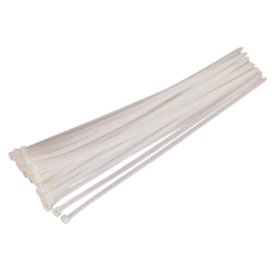 A pack of Sealey Cable Tie 450 x 7.6mm White (CT45076P50W) is arranged in a neat stack against a plain background.