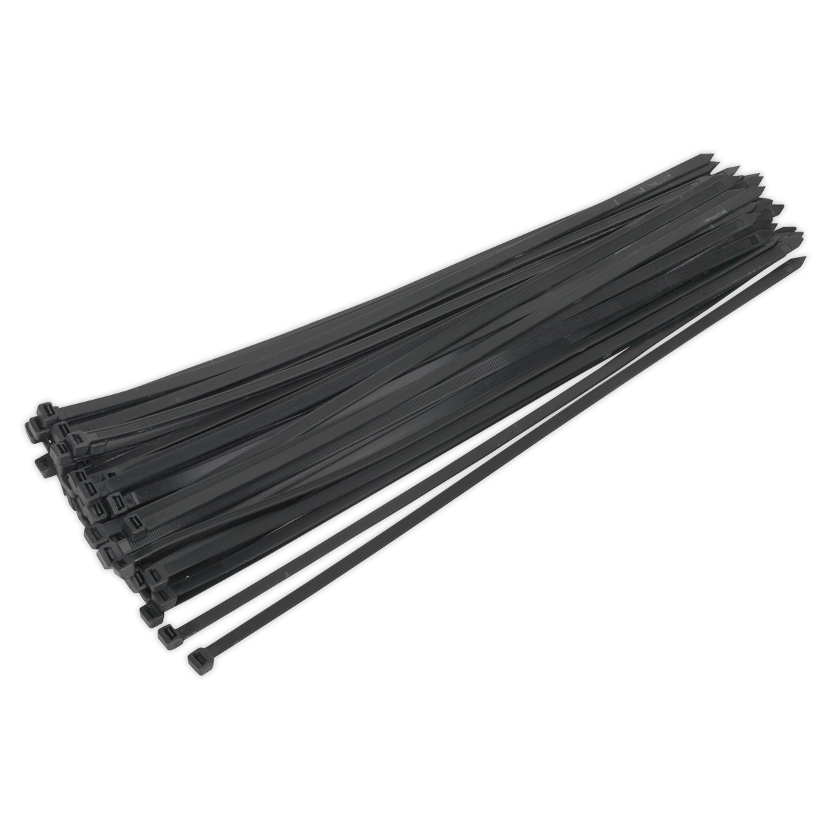 A bundle of Sealey Cable Tie 650 x 12mm Black Pack of 50 (CT65012P50), constructed from heat-resistant nylon 66, arranged in a line on a white background. Perfect for workshop applications.