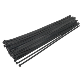 A bundle of Sealey Cable Tie 650 x 12mm Black Pack of 50 (CT65012P50), constructed from heat-resistant nylon 66, arranged in a line on a white background. Perfect for workshop applications.