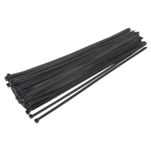 A bundle of Sealey Cable Tie 650 x 12mm Black Pack of 50 (CT65012P50), constructed from heat-resistant nylon 66, arranged in a line on a white background. Perfect for workshop applications.