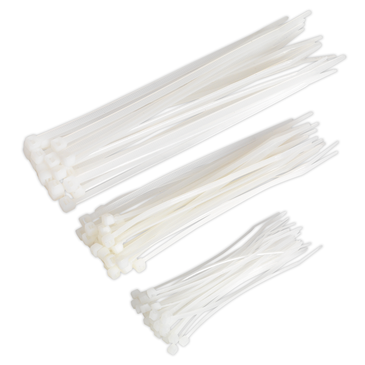 The Sealey Cable Tie Assortment White Pack of 75 - CT75W includes cable ties in three different sizes, perfect for organizing and securing various items.