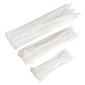 The Sealey Cable Tie Assortment White Pack of 75 - CT75W includes cable ties in three different sizes, perfect for organizing and securing various items.