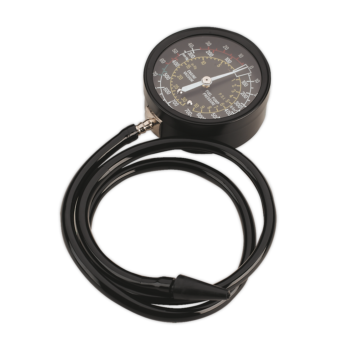 The Sealey Pressure Tester Vacuum/Fuel - CT952 is a black circular mechanical pressure gauge with a dial and attached hose, coiled in a loop, ideal for diagnosing valve problems.