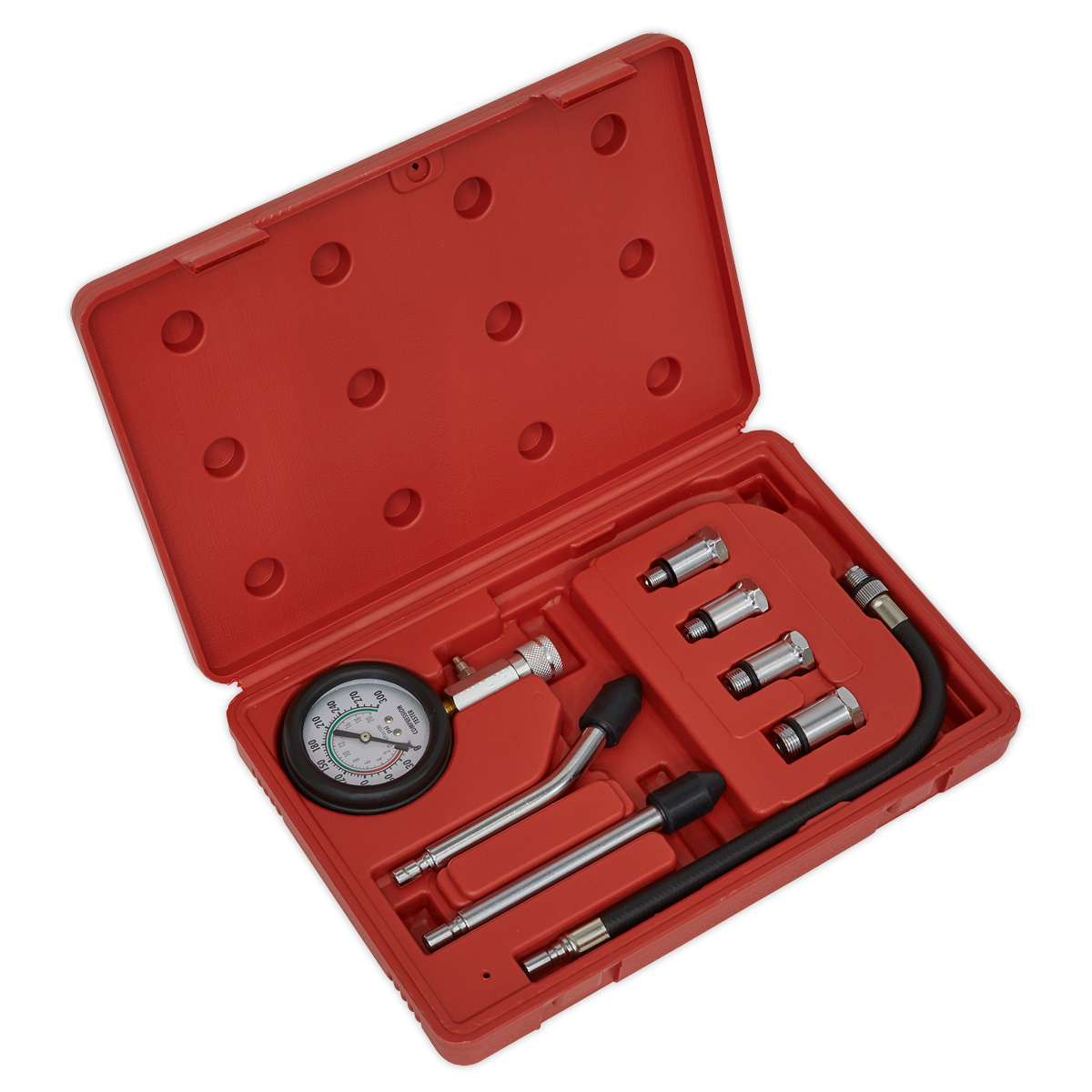 The Sealey Petrol Engine Compression Test Kit 8pc - CT955 features a red plastic case and includes a 300psi gauge, assorted nozzles, and a hose with a flexible extension, ideal for checking and adjusting tire pressure.