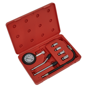 The Sealey Petrol Engine Compression Test Kit 8pc - CT955 features a red plastic case and includes a 300psi gauge, assorted nozzles, and a hose with a flexible extension, ideal for checking and adjusting tire pressure.