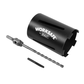 A Sealey Core-to-Go Dry Diamond Core Drill Ø107mm x 150mm (CTG107) with a detachable drill bit and a small metal rod, featuring a hex drive adaptor for high-speed drilling, isolated on a white background.