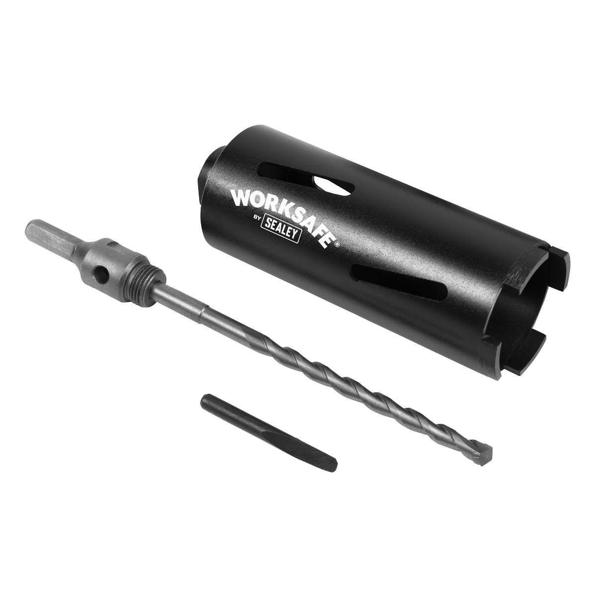 Image of a black cylindrical "Core-to-Go Dry Diamond Core Drill Ø65mm x 150mm - CTG65" with a center drill bit and an Allen wrench, branded "Sealey," perfect for high-speed drilling in lightweight building materials.