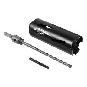 Image of a black cylindrical "Core-to-Go Dry Diamond Core Drill Ø65mm x 150mm - CTG65" with a center drill bit and an Allen wrench, branded "Sealey," perfect for high-speed drilling in lightweight building materials.