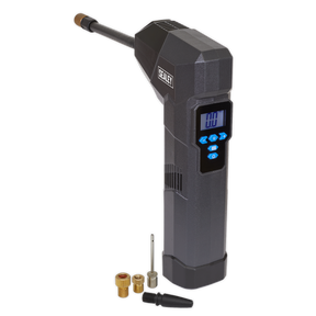 A Sealey Compact Rechargeable Tyre Inflator & Power Bank with Worklight (CTI120), encased in black and equipped with control buttons on the display screen, is positioned alongside three brass adapters and a black nozzle. This device, which includes a built-in pressure gauge for accurate inflation, can be conveniently recharged via micro USB.