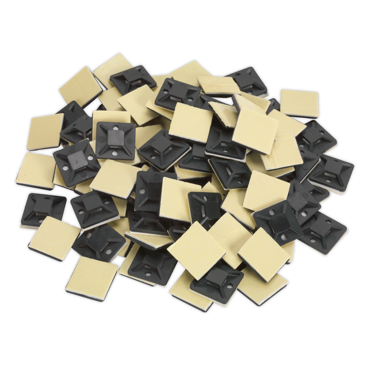 A pack of 100 Sealey Self-Adhesive Cable Tie Mounts (CTM2020B), each black and 20x20mm in size, with square shapes, adhesive backs, screw holes for added security, and central holes for securing cables.