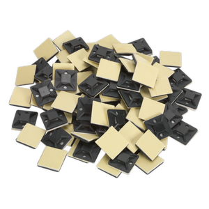 A pack of 100 Sealey Self-Adhesive Cable Tie Mounts (CTM2020B), each black and 20x20mm in size, with square shapes, adhesive backs, screw holes for added security, and central holes for securing cables.