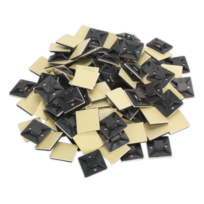 A pack of 100 black Sealey Self-Adhesive Cable Tie Mounts (30 x 30mm, CTM3030B) with square bases and yellow protective backing.