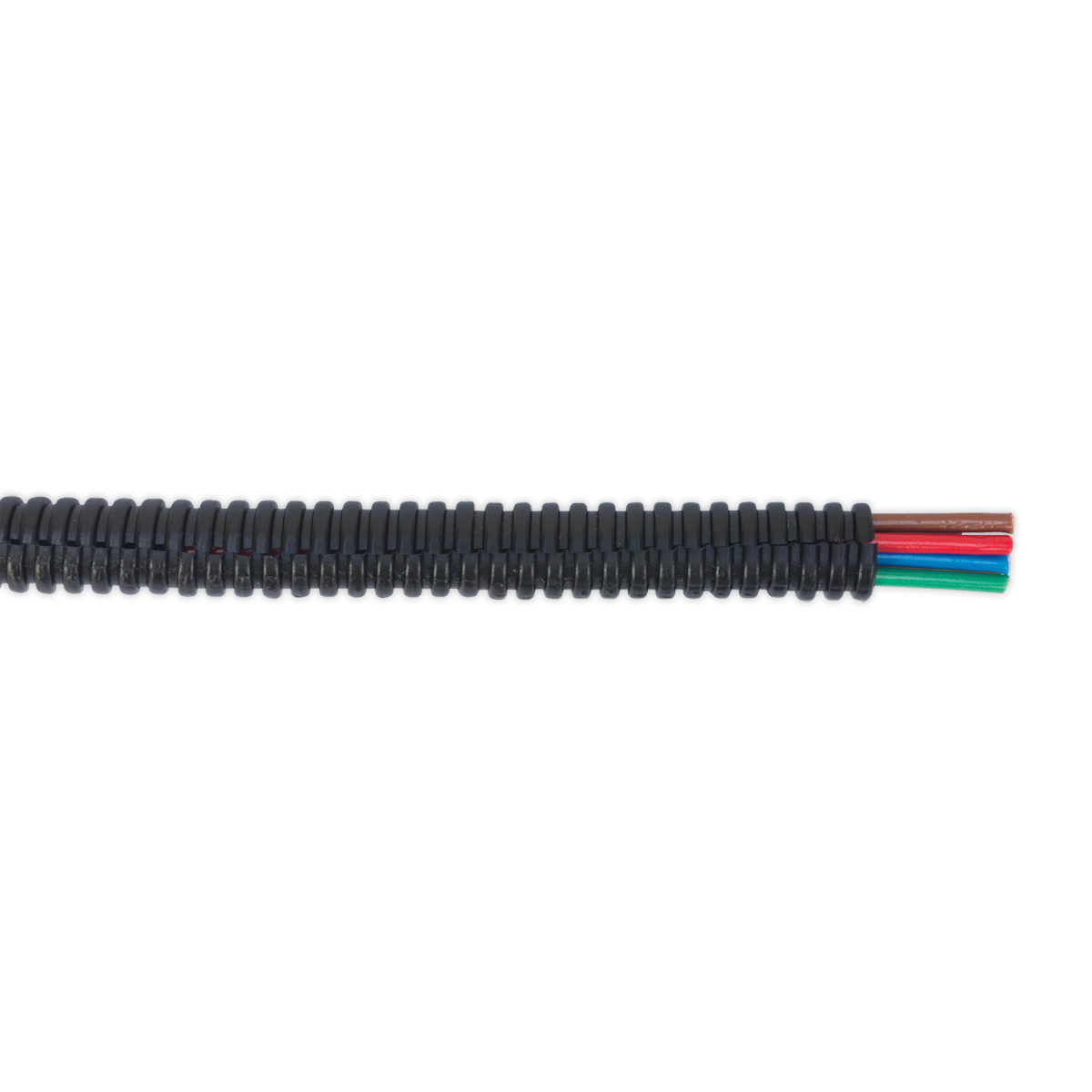 The Convoluted Cable Sleeving Split Ø7-10mm 10m - CTS0710 by Sealey is a high-strength, flexible nylon black corrugated tube, partially revealing a bundle of red, green, and black wires inside. This chemical-resistant tube operates efficiently within a temperature range of -40°C to +135°C.