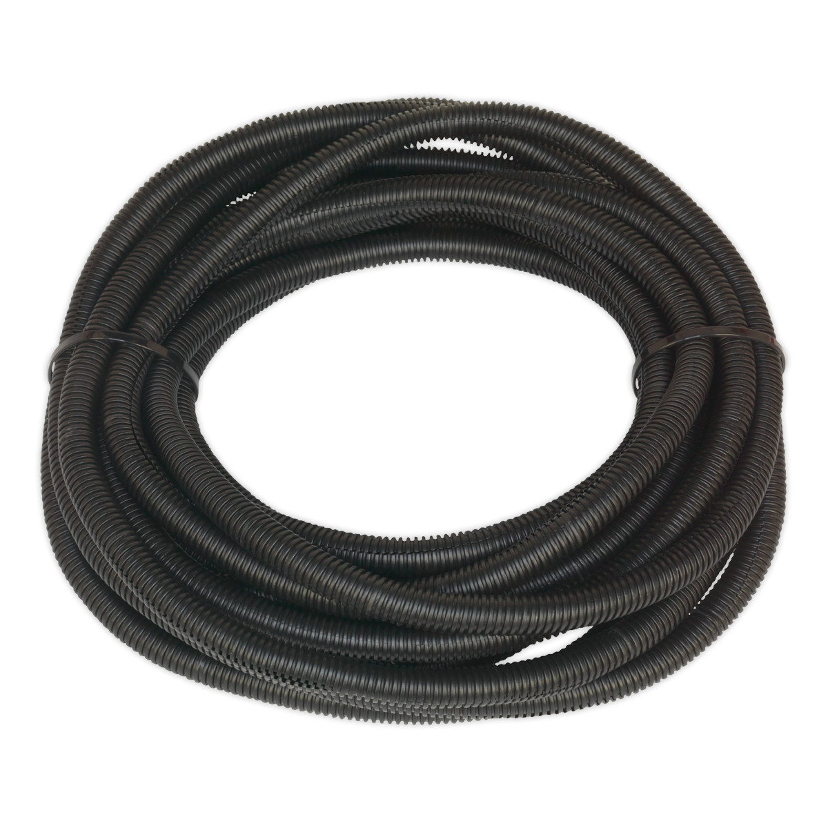 The Sealey Convoluted Cable Sleeving Split Ø12-16mm 100m - CTS12100 is a black coiled plastic corrugated conduit, engineered from high-strength nylon to endure temperatures ranging from -40°C to +135°C.