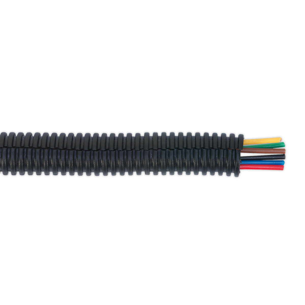 The Convoluted Cable Sleeving Split Ø12-16mm 100m - CTS12100 by Sealey is a high-strength nylon corrugated black conduit, featuring multiple colored wires extending from one end. It ensures chemical resistance and maintains reliability in temperatures ranging from -40°C to +135°C.