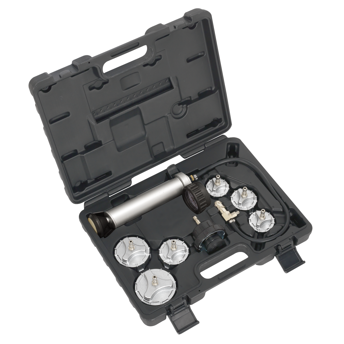 The Sealey Cooling System Pressure Test Kit 7pc - Commercial - CV0011 is a black plastic carrying case tailored for commercial vehicles, containing various cylindrical tools and attachments, including a metallic pump-like device, all neatly arranged in molded compartments. This kit is essential for maintaining the cooling system of heavy-duty engines.