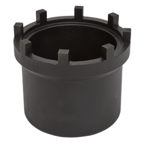 Sealey Axle Hub Nut Socket - Scania (420) 3/4"Sq Drive - CV008, a black cylindrical impact socket with protruding rectangular tabs around the top rim, crafted from durable Chrome Molybdenum for compatibility with Scania axle systems.