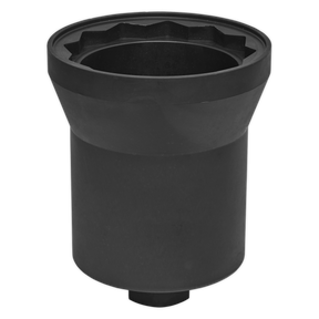 Introducing the Sealey Axle Nut Socket - Mercedes Benz 95mm H36 Drive - CV015: a durable, drop-forged chrome molybdenum socket wrench with a black cylindrical design and a star-shaped opening, perfect for gripping Mercedes trailer axle nuts.