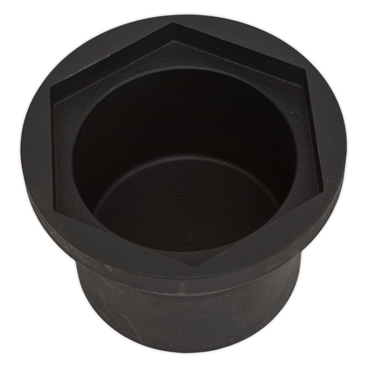 The Sealey Axle Nut Socket - Iveco 98mm 36mm Hex Drive (CV016) features a black cylindrical shape with a hexagonal rim, as seen in a top view.