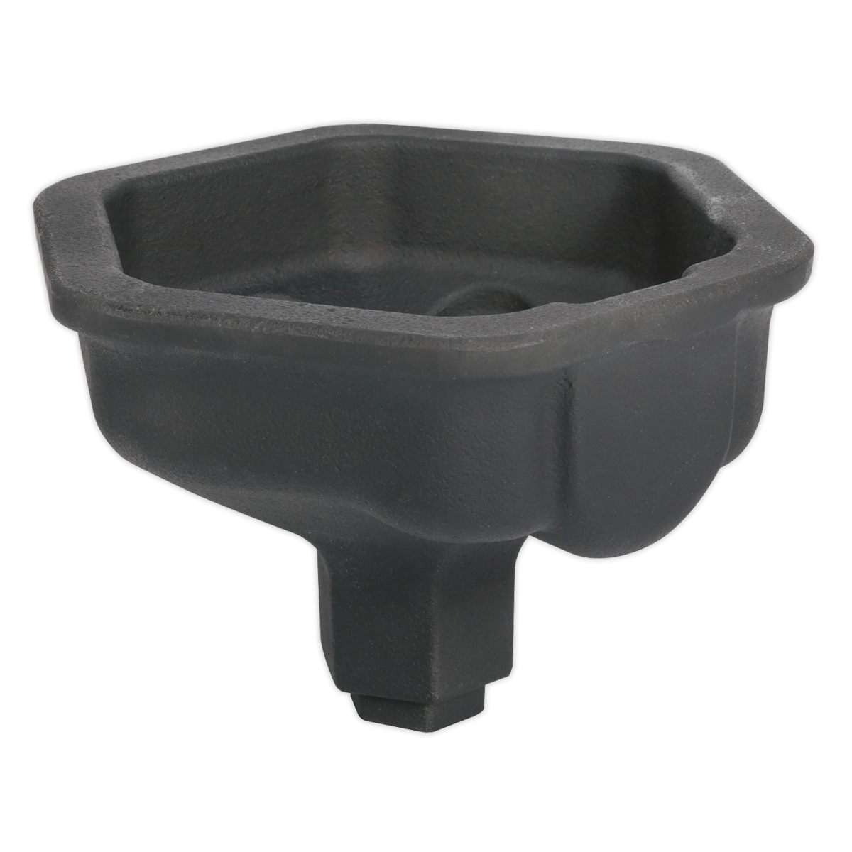 Introducing the Sealey Axle Nut Socket 140mm 32/46mm Hex Drive - CV019, a black hexagonal plastic container with a spout at the bottom. It's expertly designed for use with an impact wrench and a 46mm socket, making it ideal for maintaining SAF Euro trucks.