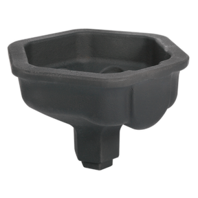 Introducing the Sealey Axle Nut Socket 140mm 32/46mm Hex Drive - CV019, a black hexagonal plastic container with a spout at the bottom. It's expertly designed for use with an impact wrench and a 46mm socket, making it ideal for maintaining SAF Euro trucks.