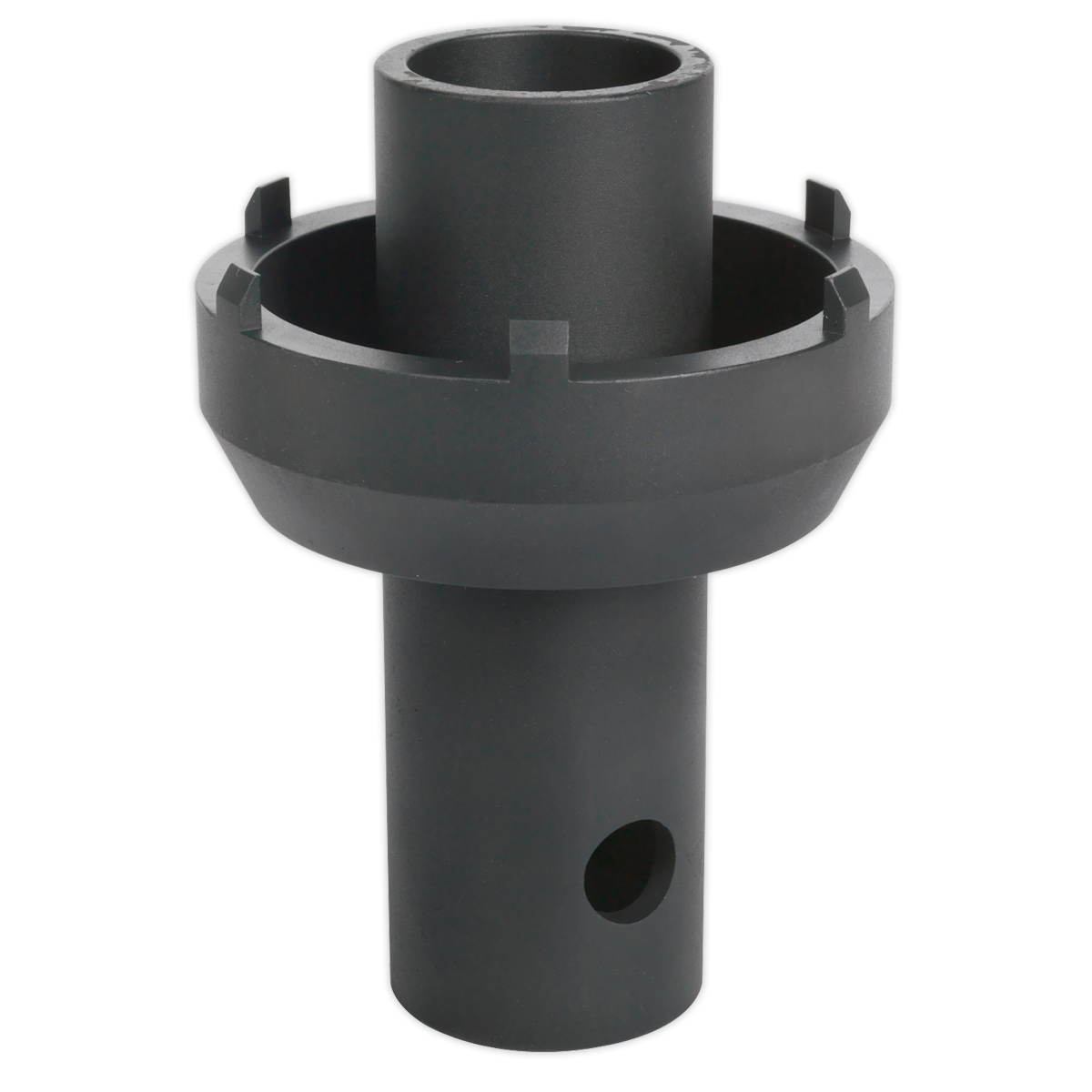 The Sealey Axle Locknut Socket Ø105-125mm 3/4"Sq Drive - CV020 is a black, cylindrical mechanical part featuring a larger diameter ring in the middle and a hole near the base, making it ideal for integration into the rear axle of a Mercedes Actros.