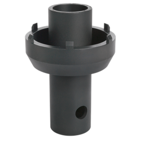 The Sealey Axle Locknut Socket Ø105-125mm 3/4"Sq Drive - CV020 is a black, cylindrical mechanical part featuring a larger diameter ring in the middle and a hole near the base, making it ideal for integration into the rear axle of a Mercedes Actros.
