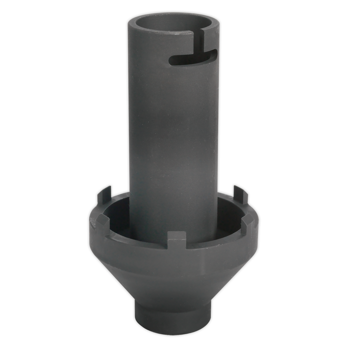 The Sealey Axle Locknut Socket 80-95mm 3/4"Sq Drive - CV022 is a black cylindrical part with a hollow center and a slotted top, featuring a wider base with notches around the rim, constructed from durable Chrome Molybdenum.