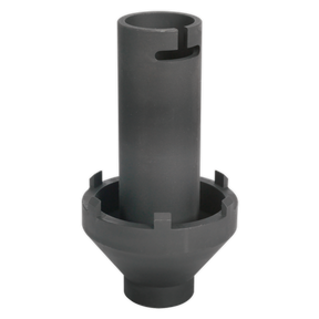 The Sealey Axle Locknut Socket 80-95mm 3/4"Sq Drive - CV022 is a black cylindrical part with a hollow center and a slotted top, featuring a wider base with notches around the rim, constructed from durable Chrome Molybdenum.