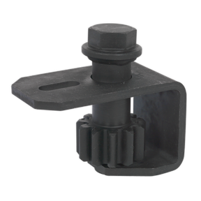 The Sealey Crankshaft Rotator - DAF - CV026, a metal bracket featuring a crankshaft-inspired bolted gear mechanism, includes a slotted hole on the flat side and boasts a U-shaped design.