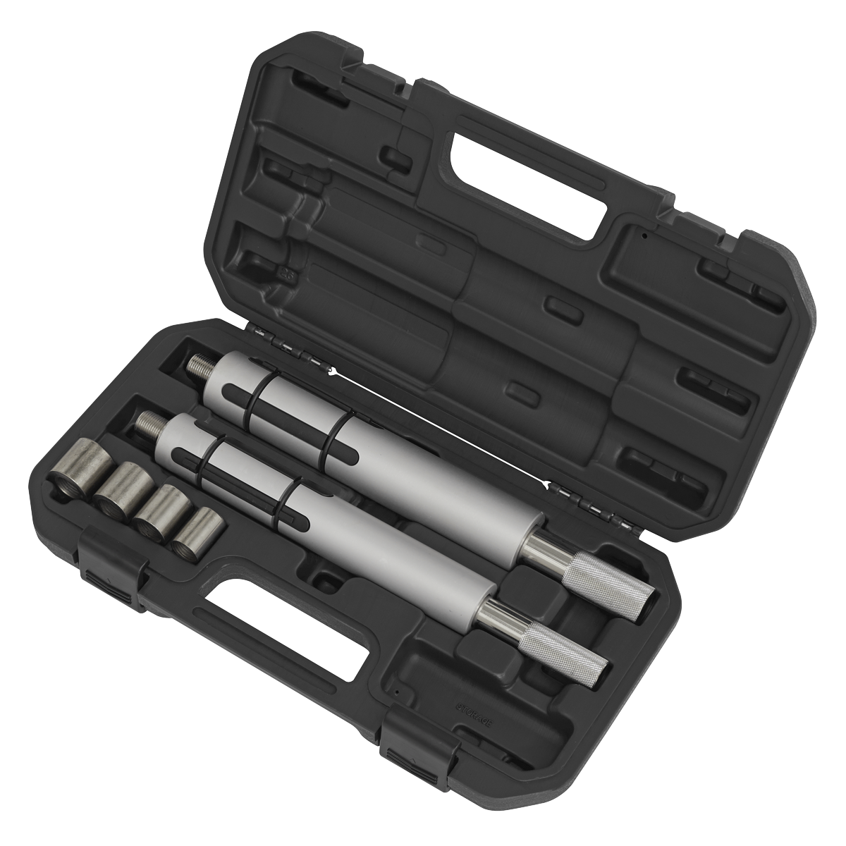 The Sealey Clutch Alignment Set - Commercial - CV031 is a black plastic case containing two cylindrical metal tools, several small metal accessories, and spigot adaptors for fast adjustment in commercial vehicles.