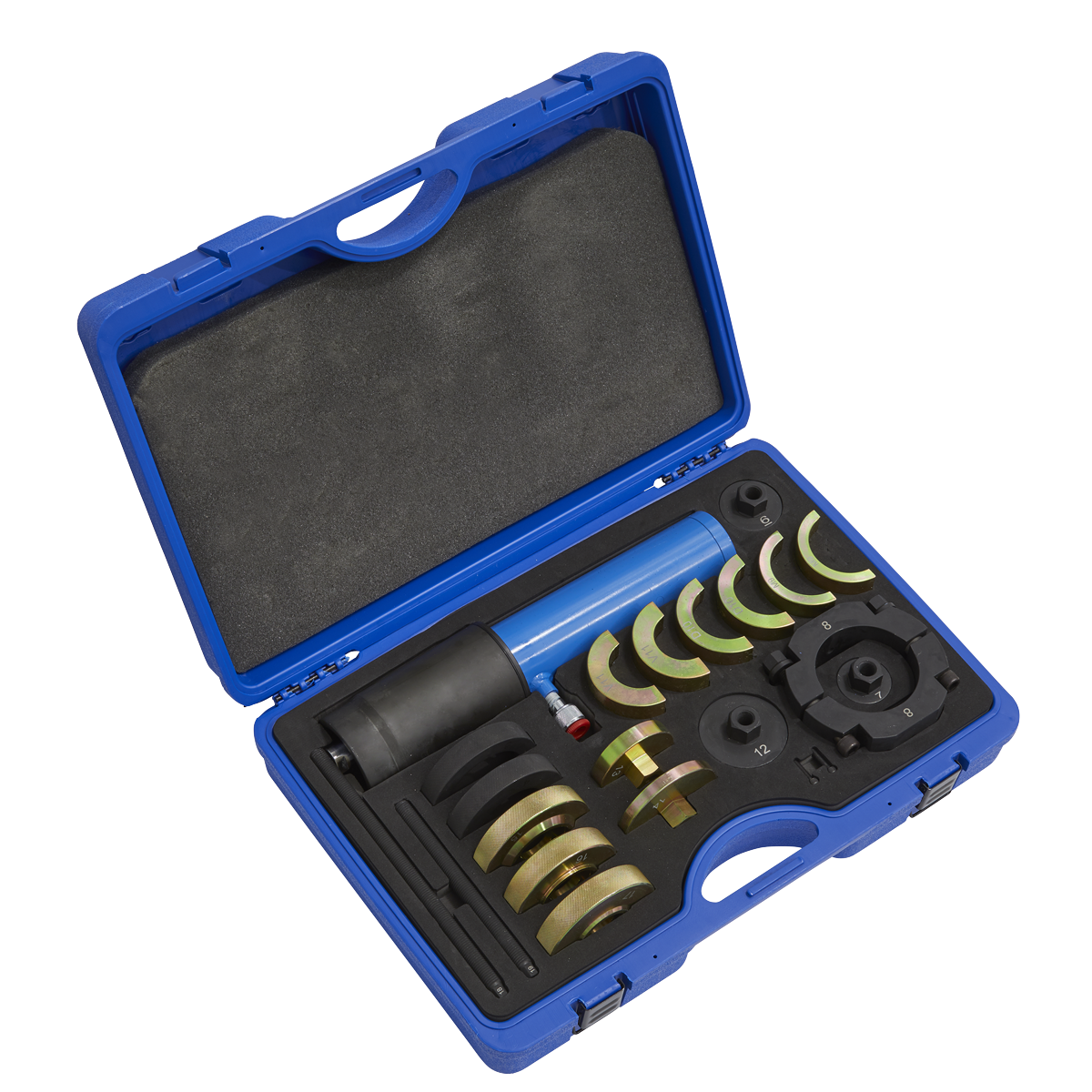 A blue plastic carrying case containing Sealey's Hydraulic Bush Tool - Commercial - CV040, along with various automotive tools and several circular metal attachments for slotted bush installation.