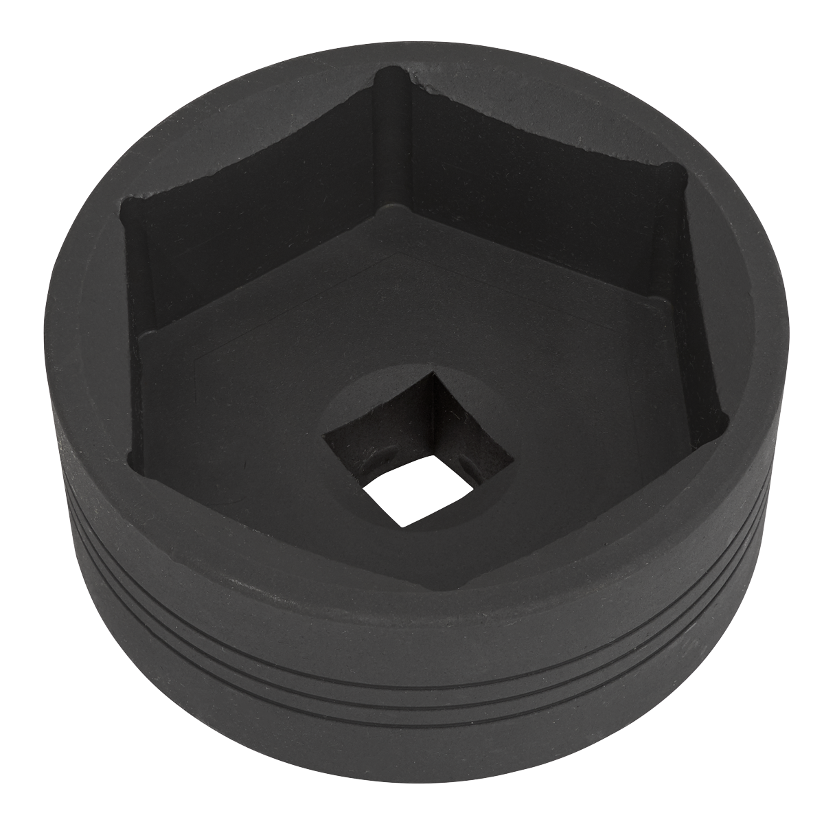 The Sealey Impact Socket 95mm 1"Sq Drive Commercial - CV095 is a black, circular hex socket tool with a square drive in the center and a grooved exterior, crafted from durable chrome molybdenum, making it ideal for use with air impact wrenches.