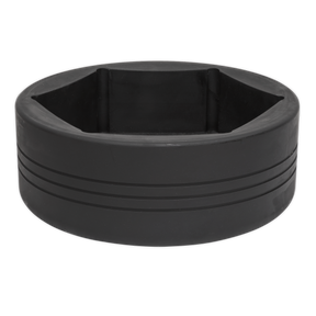 The Sealey Impact Socket 110mm 1"Sq Drive Commercial - CV110 is a black, cylindrical tool featuring horizontal grooves and a hollow, hexagonal center, meticulously crafted from durable Chrome Molybdenum.