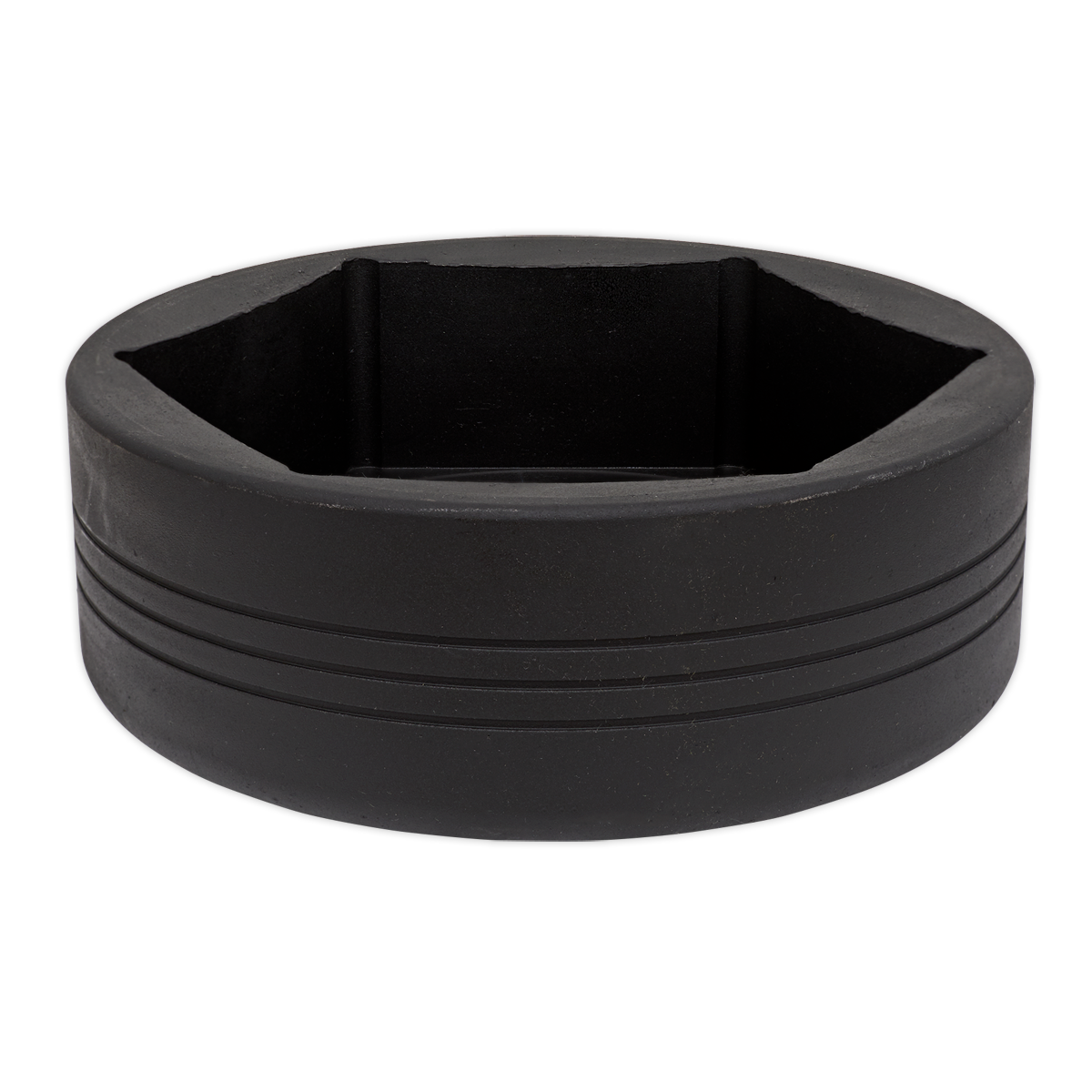 Introducing the Sealey Impact Socket 120mm 1"Sq Drive Commercial (CV120): a black, cylindrical rubber bushing featuring two horizontal groove lines around its exterior, designed for use with air impact wrenches.