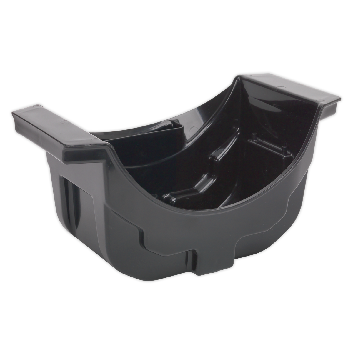 The Axle Oil Drain Pan 2L - CV124 by Sealey is a black plastic pan made from durable polypropylene material, featuring a curved design and reinforced side flanges tailored to fit standard oil drainage systems.